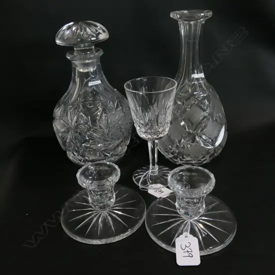 2 DECANTERS, WATERFORD GLASS, PR CANDLEHOLDERS
