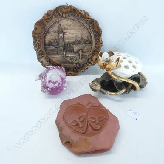 PINK ART GLASS PIG, LOTUS ORNAMENT, PLATE AND CARVED STONE