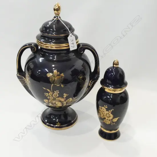 2 EURO PORCELAIN COBALT LIDDED URNS GILT HIGHLIGHTS