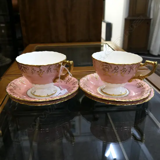 TWO R C DERBY 'VINE' PINK CUPS & SAUCERS (+ 2 EXTRA SAUCERS)
