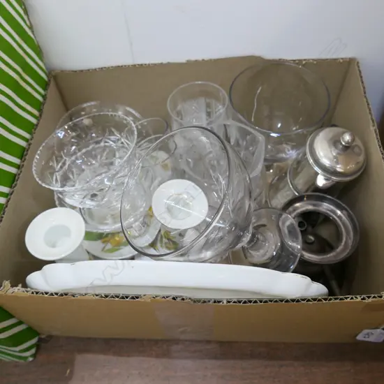 BOX LOT CRYSTAL, LIMOGES SET ETC
