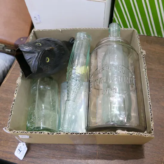 BOX LOT BOTTLES & OWL