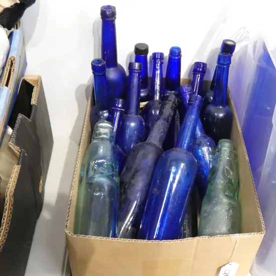 BOX COBALT BLUE CASTOR OIL BOTTLES & 2 MARBLE BOTTLES