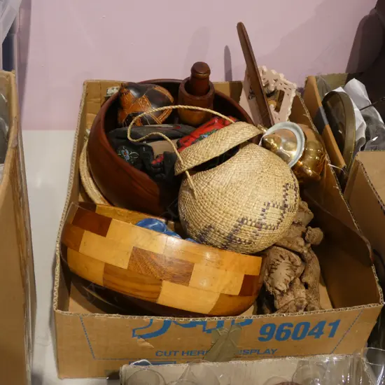 BOX LOT ASST. WOODEN ITEMS, POTTERY ETC