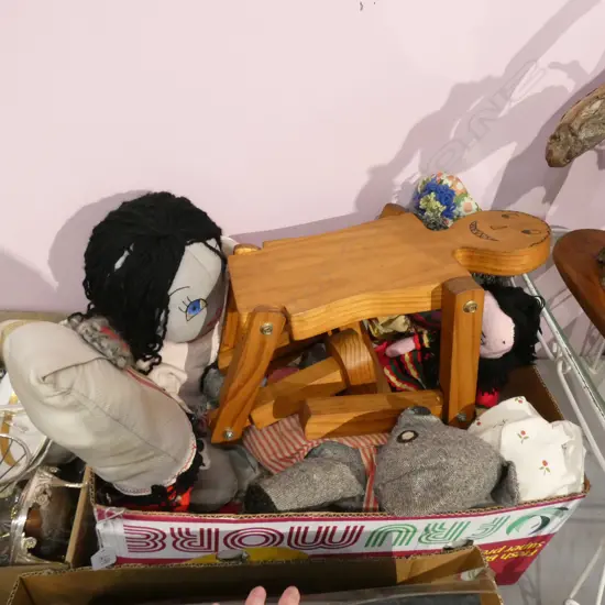 1 BOX OF SOFT TOYS + WOODEN MAN