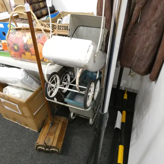  2 METAL PRAMS + ENSIGN CARPET SWEEPER