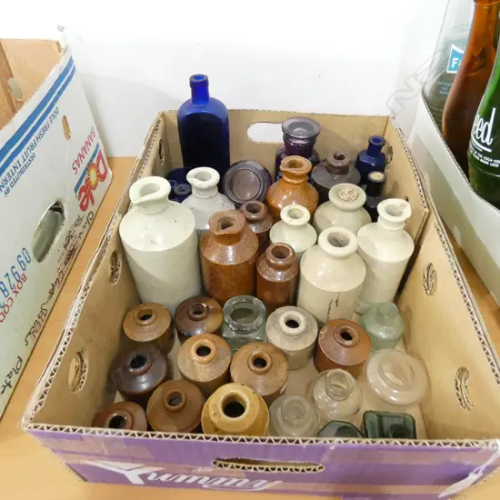 BOX STONEWARE SMALL INK BOTTLES, INK WELLS  & SELECTION ODD SMALL BOTTLES