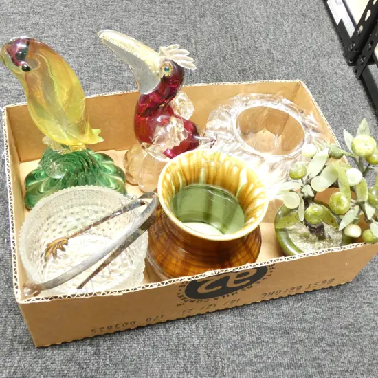 BOX LOT MURANO GLASS BIRS AF, AMBRICO EARLY CROWN LYNN VASE CHIPPED RIM, ICE BUCKET, CRYSTAL VASE ETC