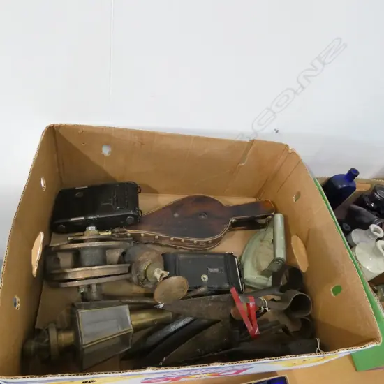 BOX LOT ASST ITEMS; SHEARS, CAMERAS, LANTERN ETC