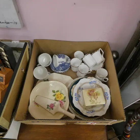 BOX OF CHINA: CUPS. PLATES. BOX. CAKE PLATE & SLICE...