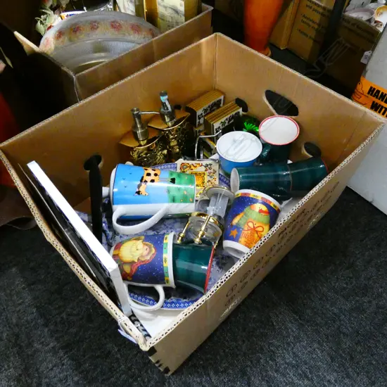 LOT ASSORTED PLATTERS, KITCHEN ITEMS + STAMPS ETC