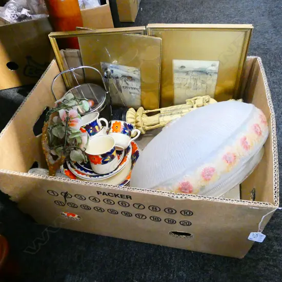 BOX LOT ORIENTAL RESIN FIGURES, CRYSTAL TREE, LIGHTSHADE, ICE BUCKET, ETC