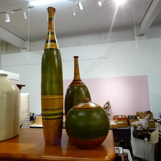 3 TURNED WOODEN VASES H 860 MM