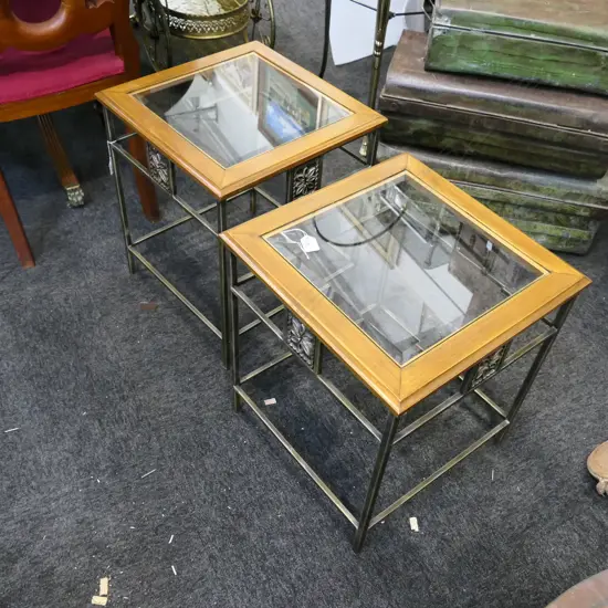 PAIR OF METAL AND GLASS SIDE TABLES