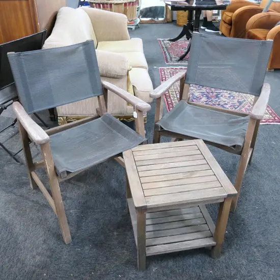 2 OUTDOOR CHAIRS + SMALL TABLE