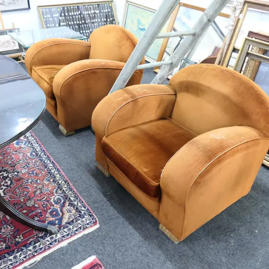 PR OF ART DECO ARMCHAIRS UPHOLSTERY WORN