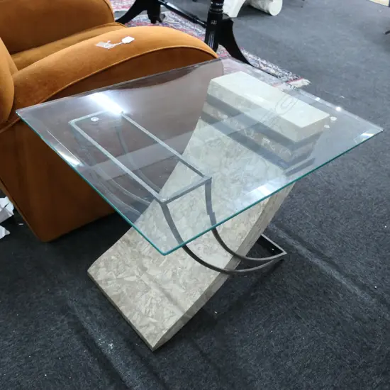 MARBLE STYLE METAL FRAMED GLASS TOP SIDE TABLE