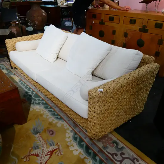 SEAGRASS CANE 3 SEATER COUCH LINEN TONED CUSHIONS