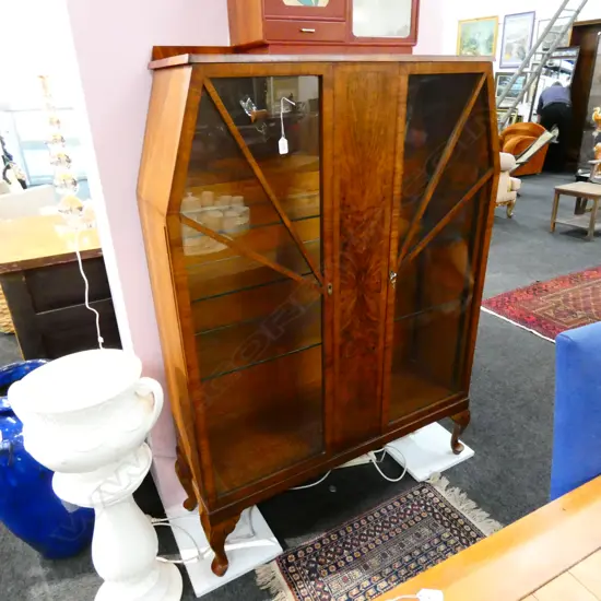ART DECO FIGURED WALNUT DISPLAY CABINET H. 1530MM W. 1070MM