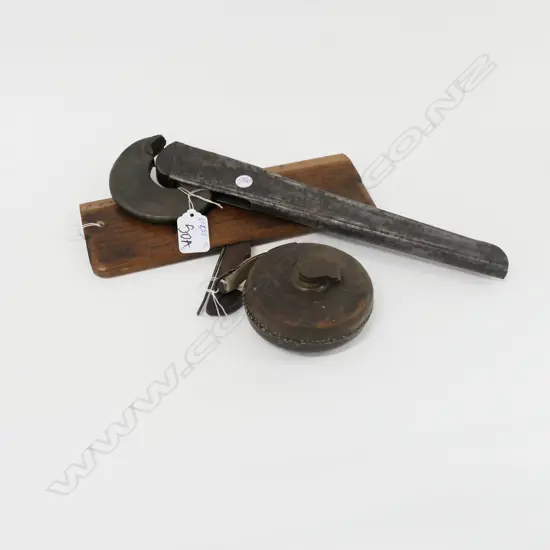 3 ANTIQUE TOOLS; RABONE MEASURING TAPE, WRAPORGE WRENCH "TITAN" + PLANE