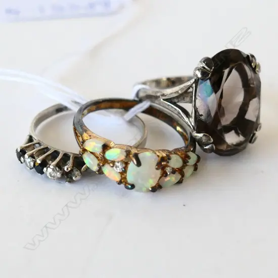 THREE SILVER RINGS - SMOKY QUARTZ & OPAL & SAPPHIRE