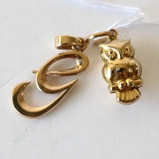 2 9CT GOLD CHARMS OWL & 'G' 3.64gms