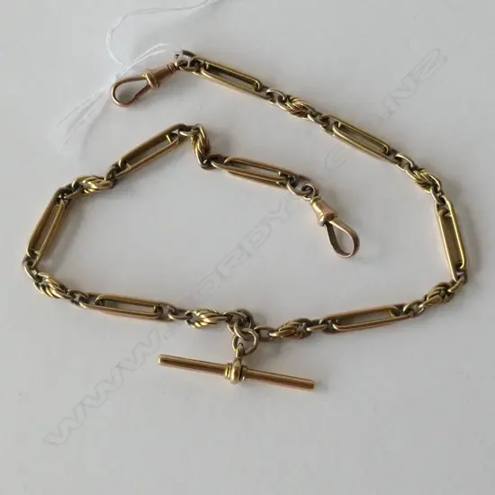 18CT GOLD FOB CHAIN WITH 2 9CT GOLD DOG CLIPS 36.09gm
