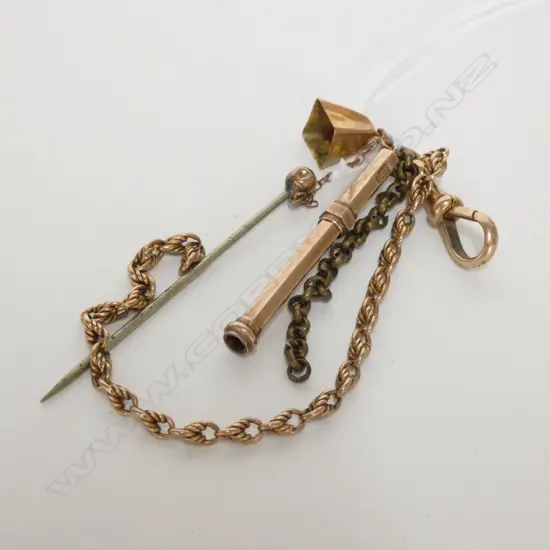 9CT TOOTH PICK, BELL PIN & 9CT DOG CLIP & EXTENDER CHAIN 8.2 GRAMS TOTAL