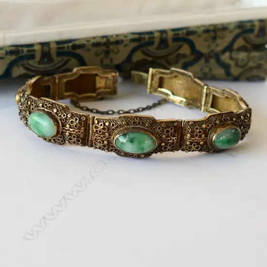 CHINESE SILVER GILT AND JADE BRACELET IN BOX