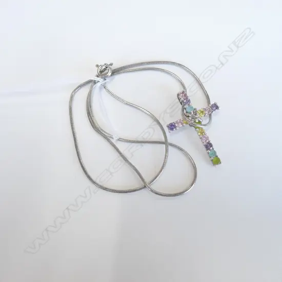 STG SILVER CROSS WITH COLOURED STONES 
