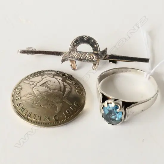 SILVER BROOCH & 1956 NZ SHILLING & SILVER RING