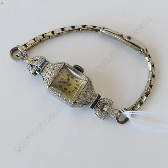 COCKTAIL WATCH, CYMA DE LUX LADIES 18CT WHITE GOLD/PLAT , SAPPHIRES AND DIAMONDS