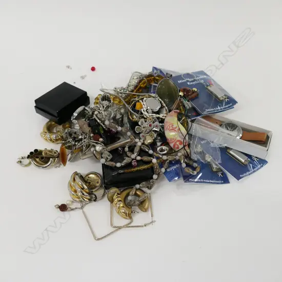 LOT ASST COSTUME JEWELLERY + HARMONICAS