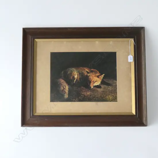 OAK FRAMED PRINT OF AN OLD OIL PAINTING OF RESTING FOX