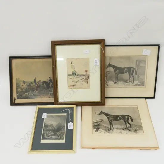 5 ANTIQUE ENRAVINGS HORSE GOLF  HUNTING ETC
