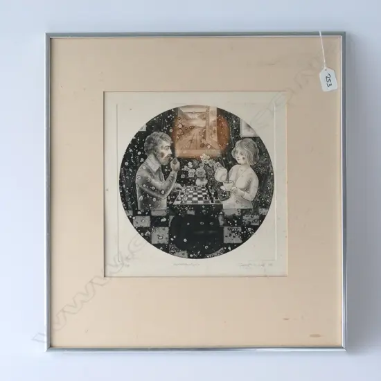 GARY TRICKER ETCHING 35/50 'ENTERTAINMENT' SIGNED, DATED '78, NO GLASS, Dia.235mm