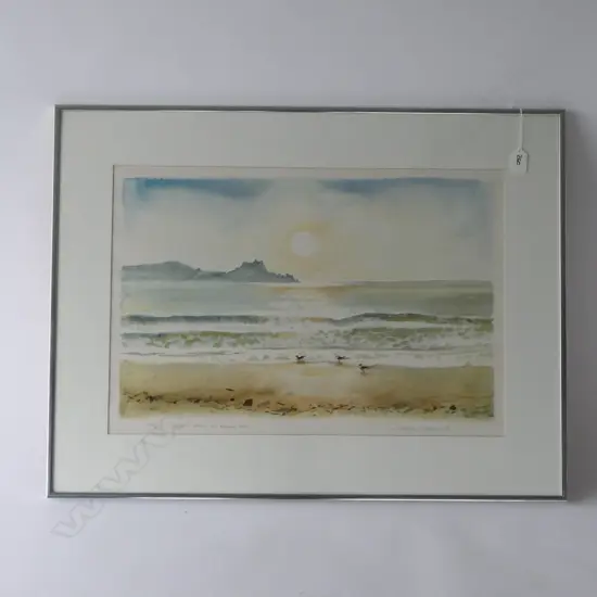DOUGLAS CHOWNS PRINT 42/350, 'OCEAN DAWN AT BREAM BAY', SIGNED & DATED '91. 575 X 750mm FRAME