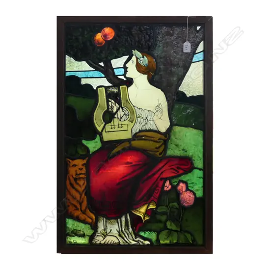 LEADLIGHT PANEL OF A WOMAN PLAYING A HARP 800 X 520 MM