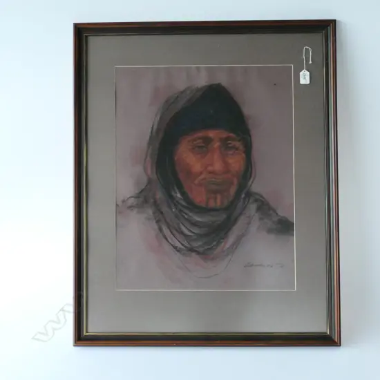 KIRSTEN ZAMBUCKA, PASTEL, PORTRAIT OF MAORI WOMAN WITH MOKO KAUAE,