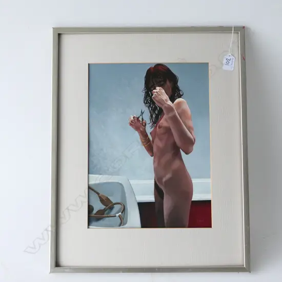 ANDY WOOD, ACRYLIC ON LINEN, 'CUTTING HAIR' 260 X 355 MM