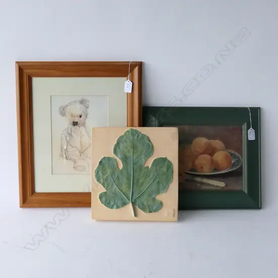 3 ARTWORKS; STILL LIFE PRINT, TEDDY PRINT, ANNA CHANDLER LEAF TILE 260 X 245MM