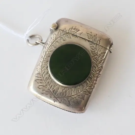 SILVER AND POUNAMU VESTA CASE DECORATED WITH SILVER FERNS CHESTER  1905
