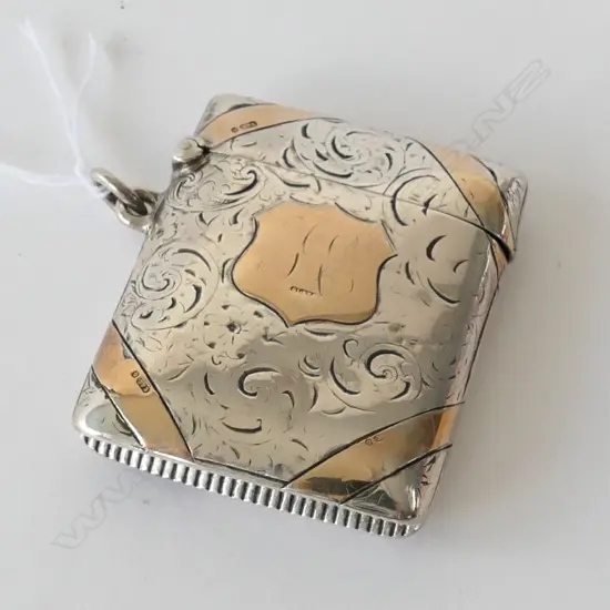 EDWARDIAN SILVER & GOLD VESTA CASE  BIRMINGHAM 1902