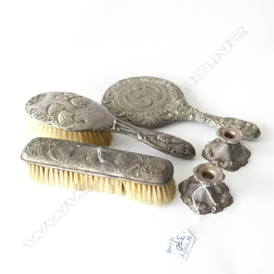 STG SILVER BRUSH &  B'HAM 1907 + MIRROR & PR PLATE CANDLE HOLDERS