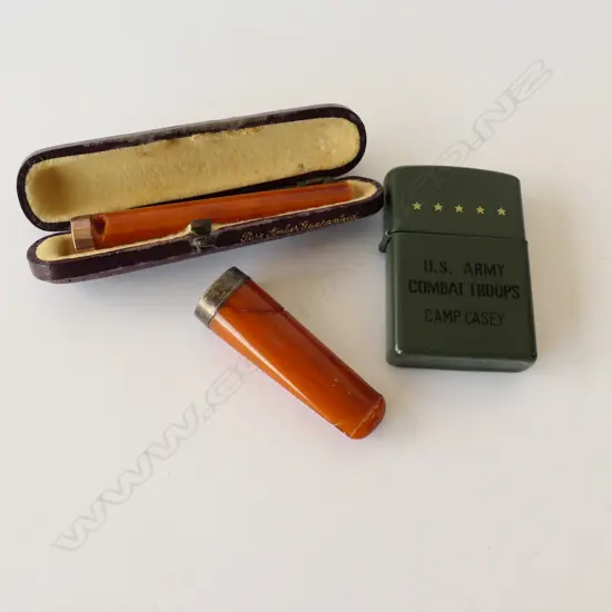 CIGAR HOLDERS, 9CT GOLD END CASED, OTHER STERLING SILVER  AND CAMP CASEY ZIPPO LIGHTER 