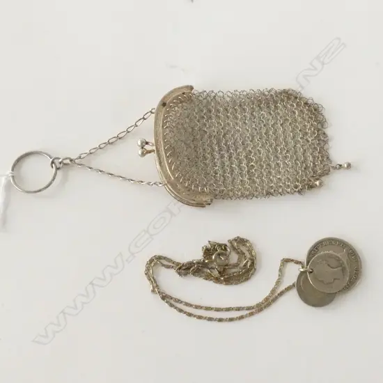 SILVER MESH PURSE & COINS ON CHAIN