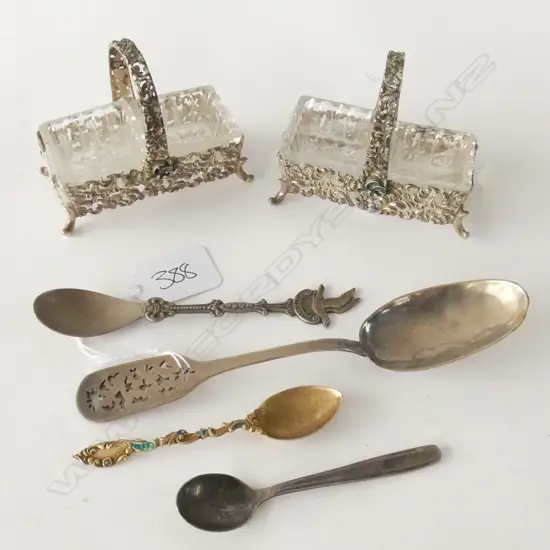 PR 835 SILVER SALTS, 4 COIN / CONTINENTAL SILVER SPOONS
