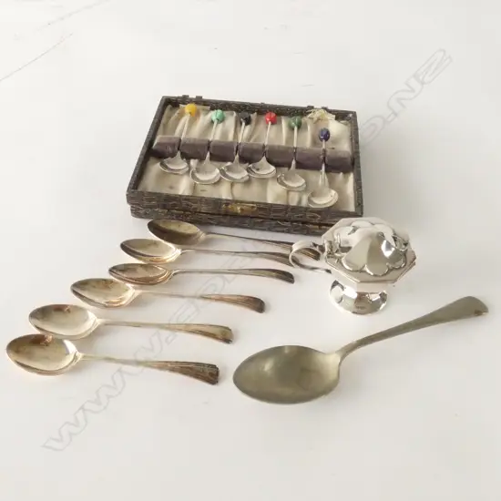 6 EP CASE COFFEE SPOONS + ASST SPOONS + MUSTARD POT