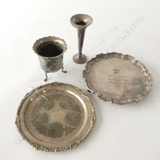 TWO SILVERPLATE TRAYS/SILVER PLATE SUGAR/ST.SILVER VASE (AF)
