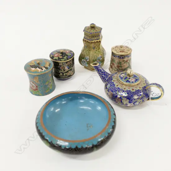 6 CLOISONNE PCES; 4 LIDDED JARS, TEAPOT & BOWL 95MM DIA